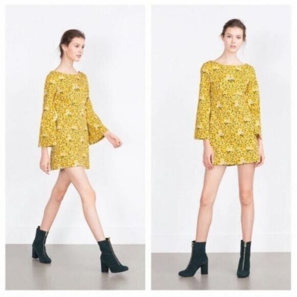 Zara Yellow Floral Bell Sleeve Mini Dress Small Mod Retro Colorful Summer - Picture 4 of 11